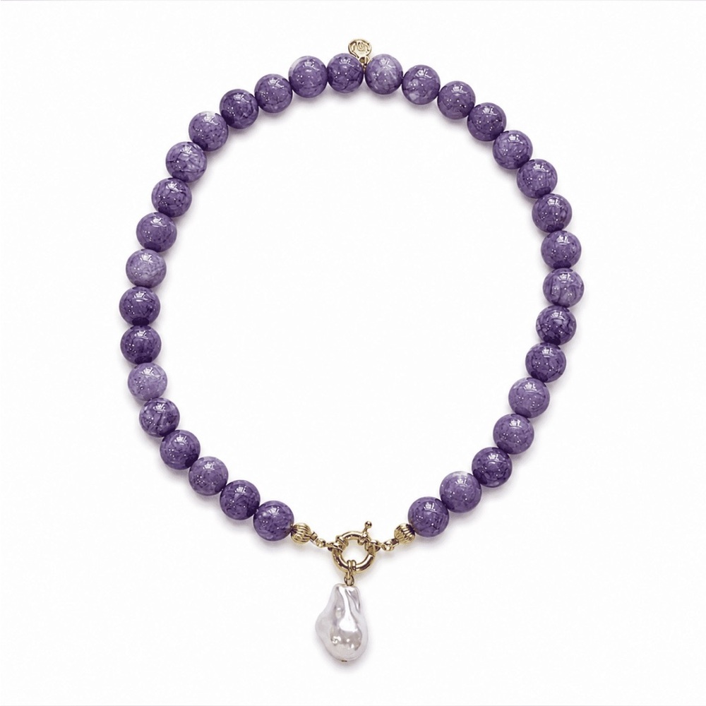 Purple Beaded Necklace with Gold Clasp and Pearl Charm